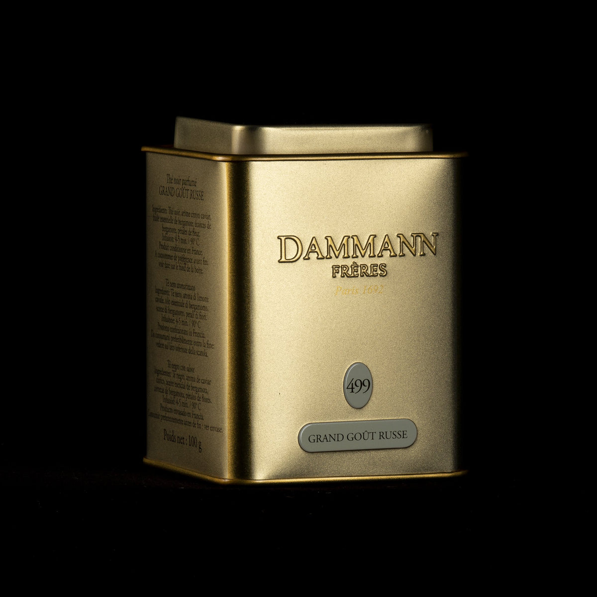 Boîte métal Grand Goût Russe de Dammann Frères sur fond noir