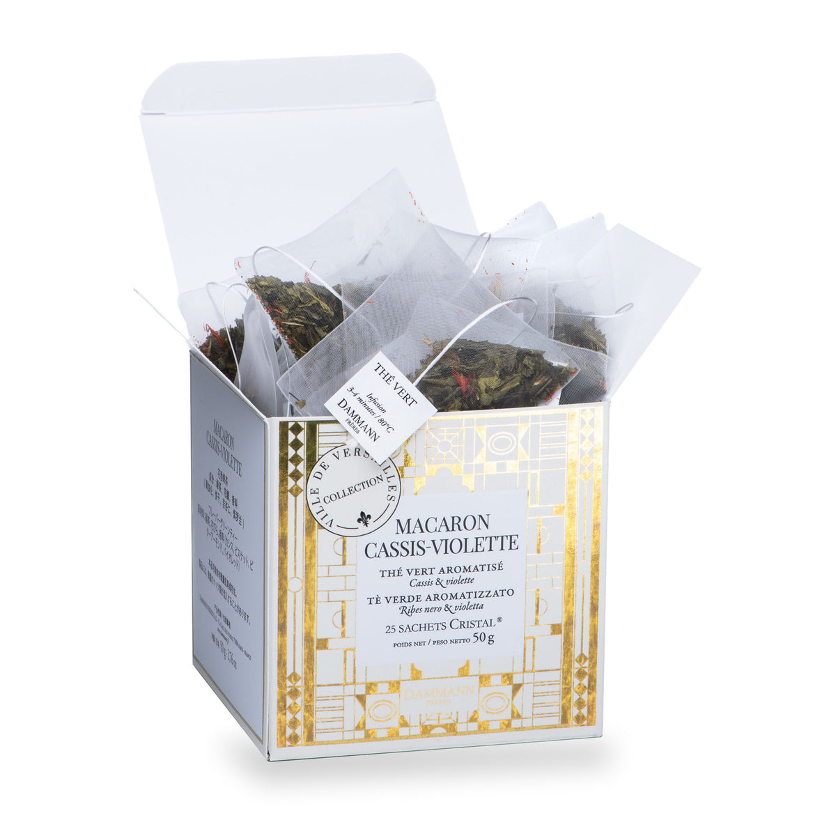 Thé Macaron Cassis Violette en sachets de Dammann Frères, boîte de 25 sachets (50 g), deuxième vue