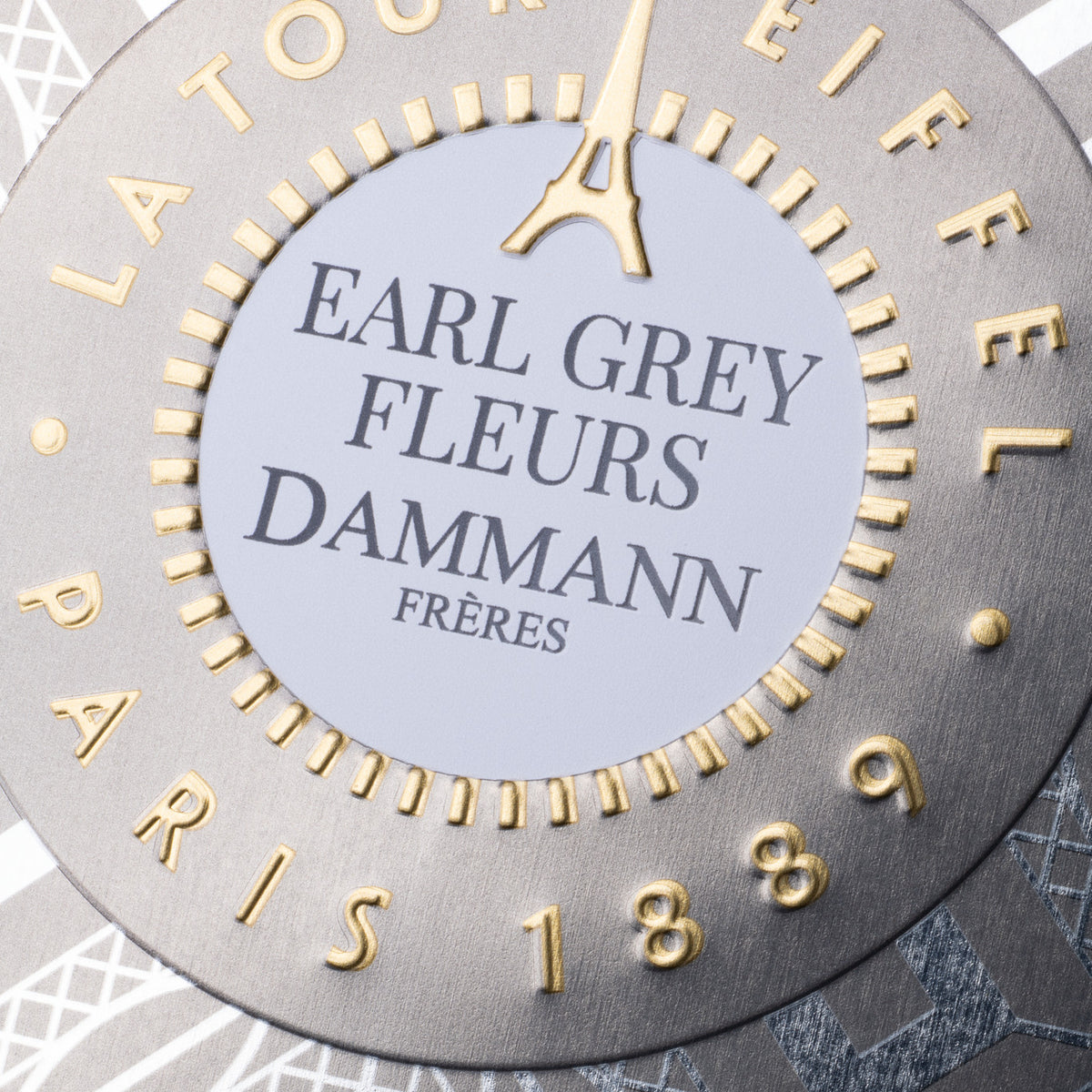 Earl Grey Fleurs Candy Box by Dammann Frères, close-up of the Tour Eiffel lid