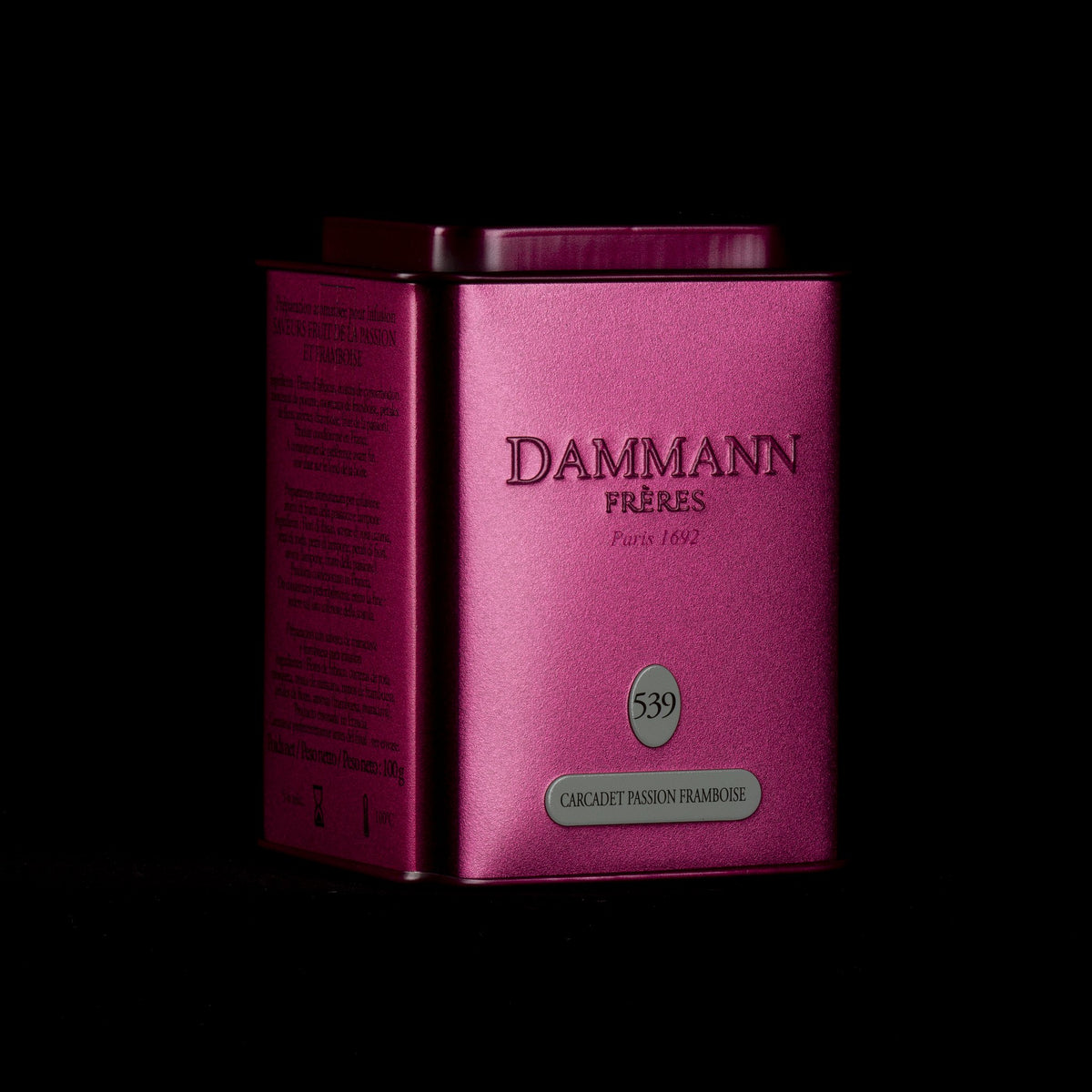 Boîte métal Carcadet Passion Framboise de Dammann Frères sur fond noir