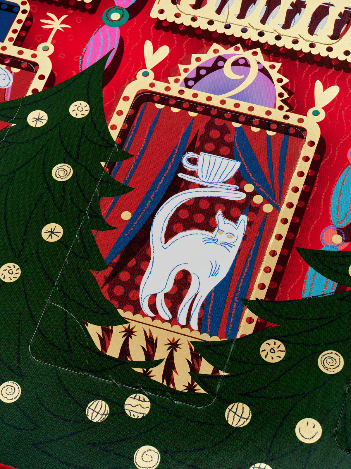 Advent Calendar by Dammann Frères, inside detail of an open window with a cat and a teacup