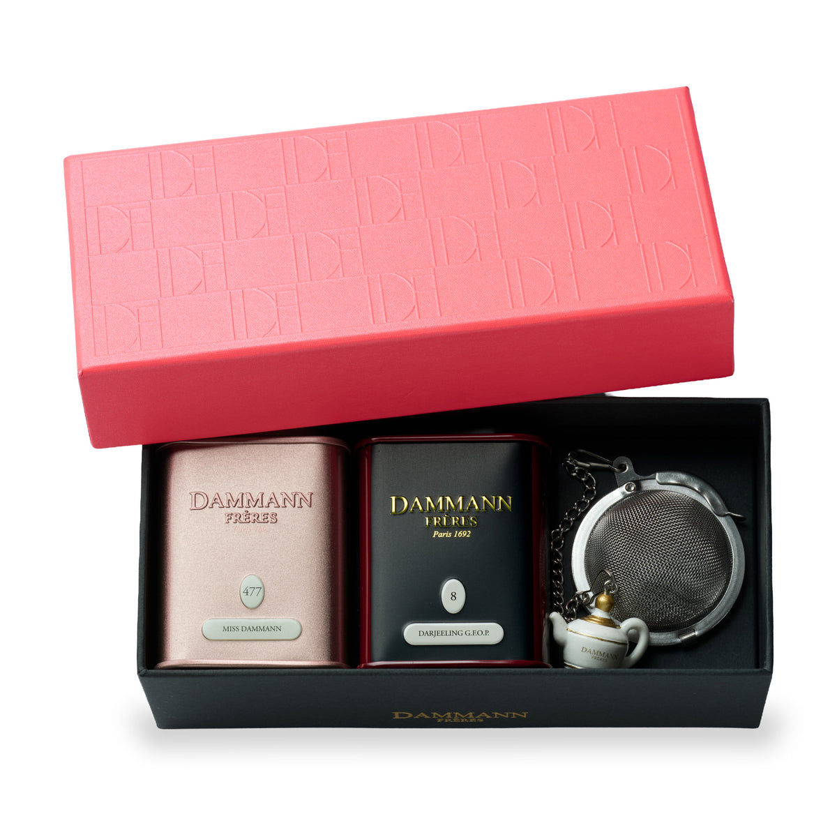 Jardin Romantique Box by Dammann Frères, open box with two tea tins and an infuser