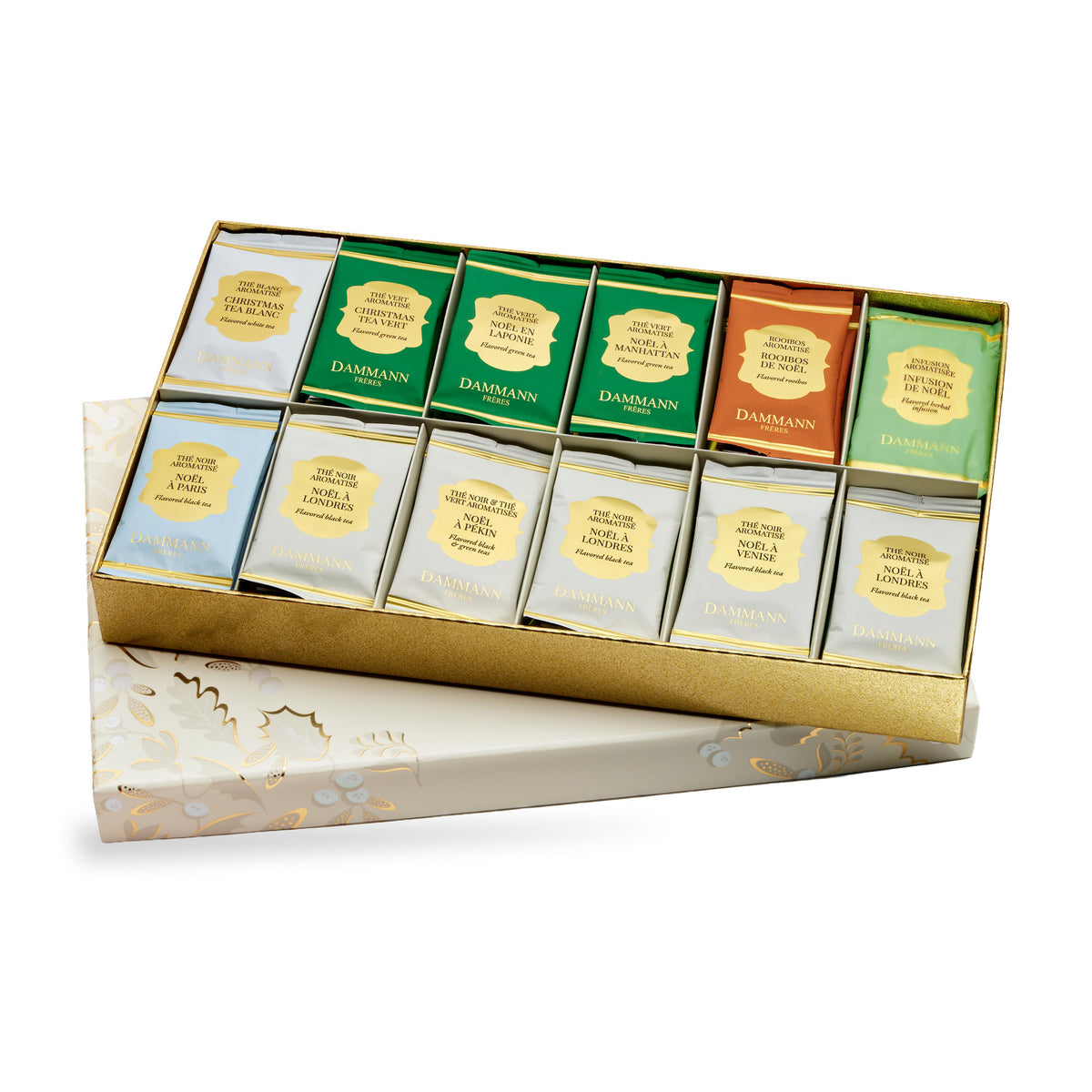 Rêves de Noël by Dammann Frères, open box of assorted tea sachets