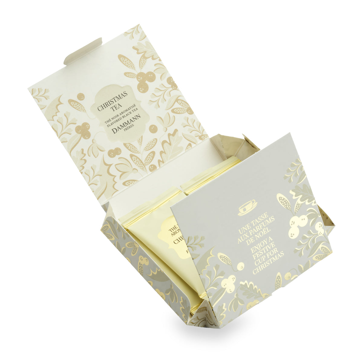 Christmas Tea de Dammann Frères, étui ouvert et sachets suremballés
