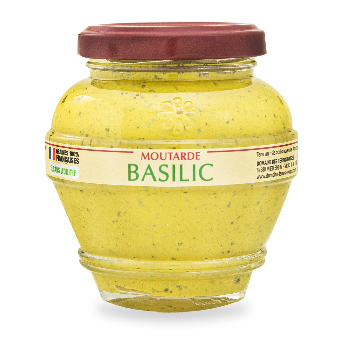 Moutarde au basilic du Domaine des Terres Rouges, pot en verre de 200 g