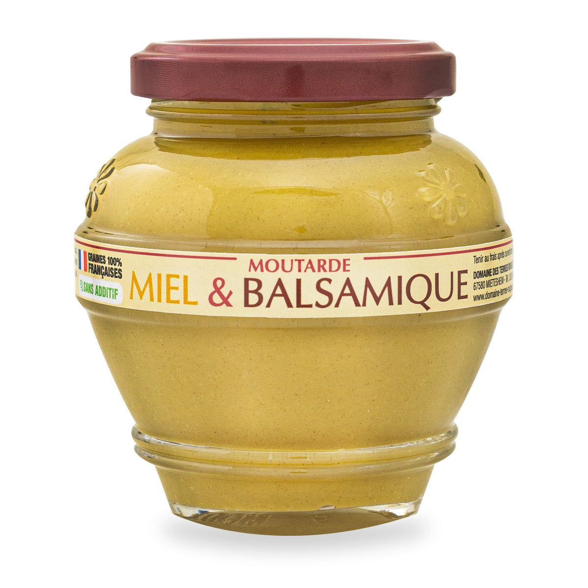 Moutarde au miel et au vinaigre balsamique du Domaine des Terres Rouges, pot en verre de 200 g