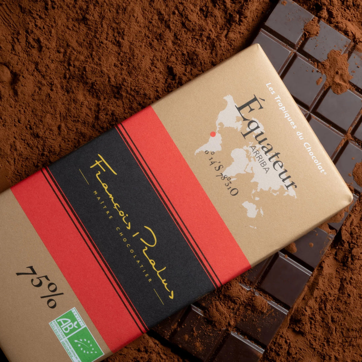 Ecuador 75% Dark Chocolate Bar by François Pralus on cocoa powder