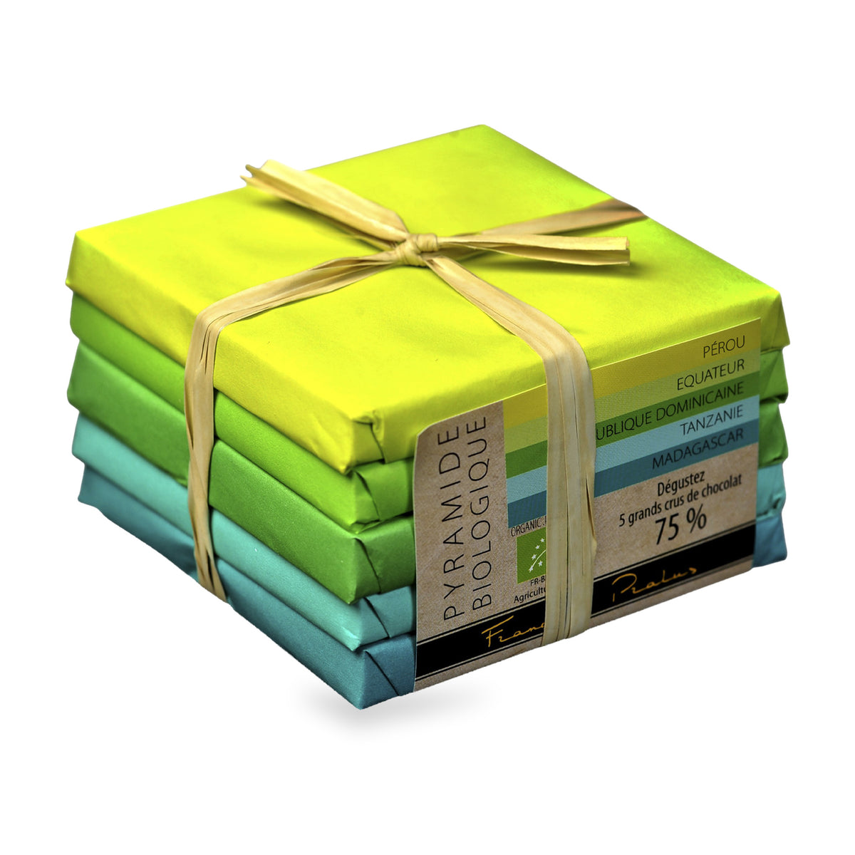 Organic Pyramid by François Pralus: five 50 g bars in colored wrappers, tied with raffia