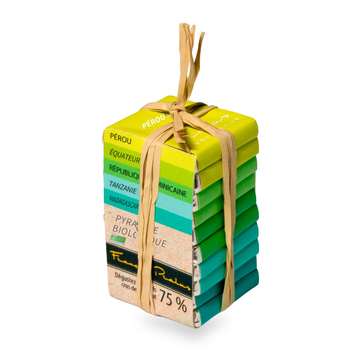 Mini Organic Pyramid by François Pralus: ten 5 g squares in colored wrappers, tied with raffia