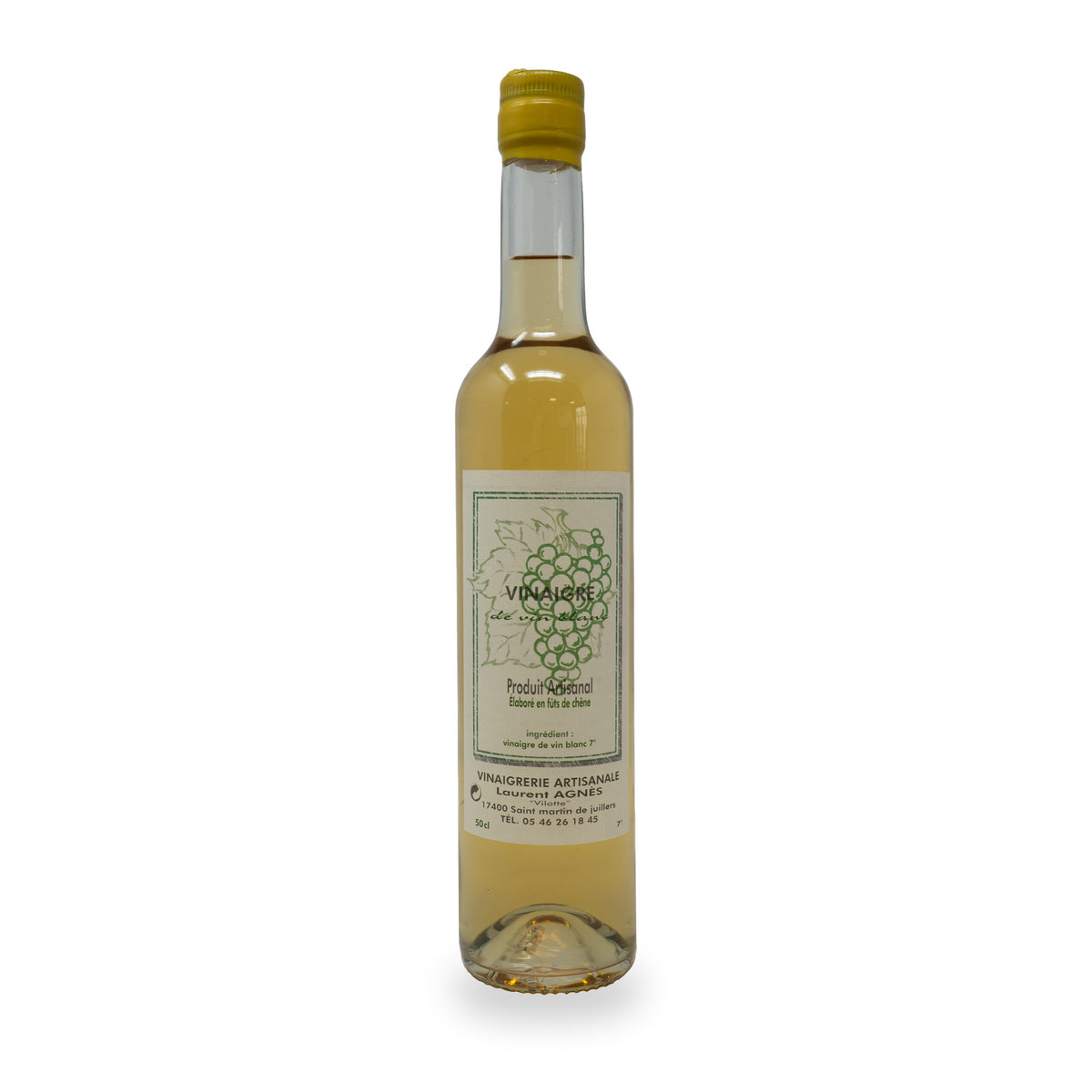 Vinaigre de vin blanc de Laurent Agnès, bouteille en verre de 500 ml