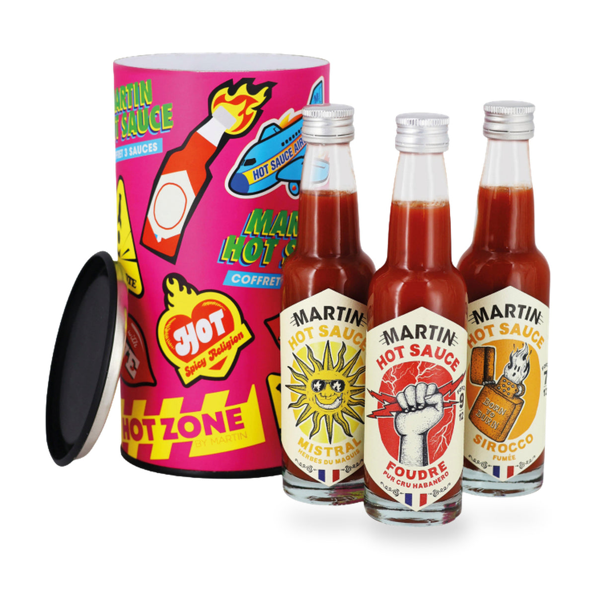Gift Box Hot Sauce by Sauce Martin, three hot sauces with their gift tube