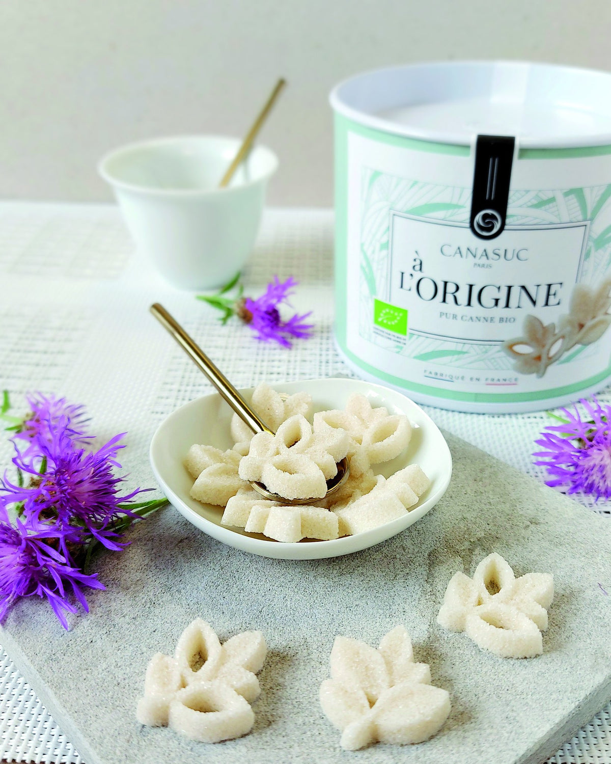 Sucres bio Canasuc À l’Origine en forme de feuille dans un bol, à côté de la boîte