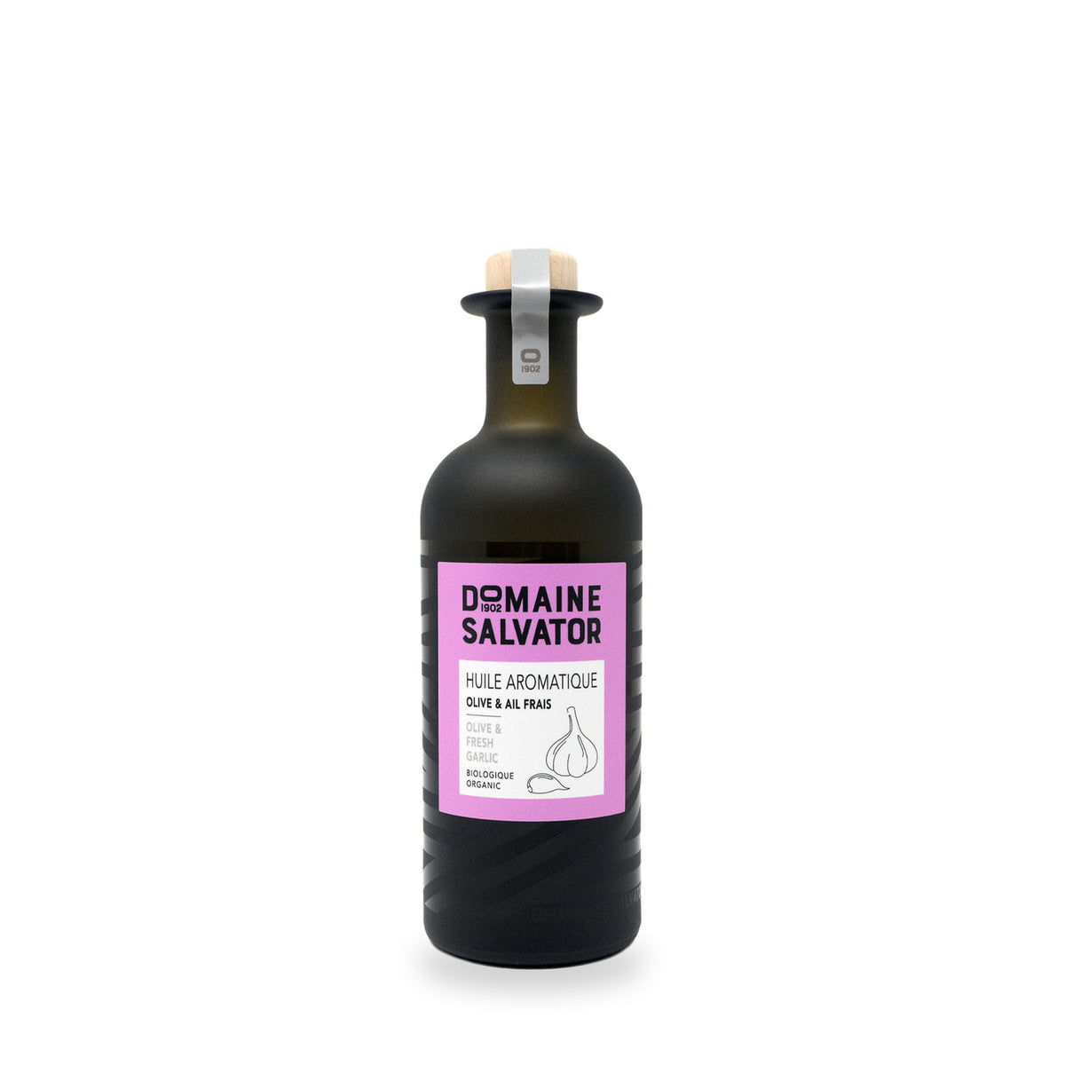 Huile aromatique à l’ail frais du Domaine Salvator, bouteille en verre de 250 ml