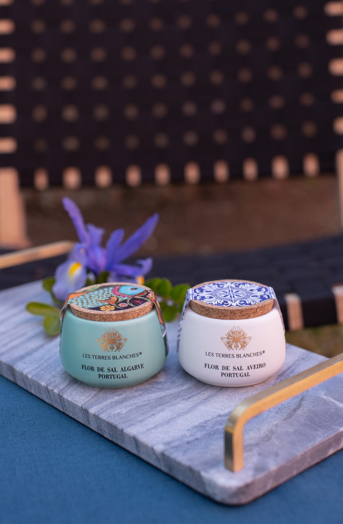Fleur de Sel Aveiro by Les Terres Blanches, ceramic jar beside a jar of Algarve fleur de sel on a marble tray