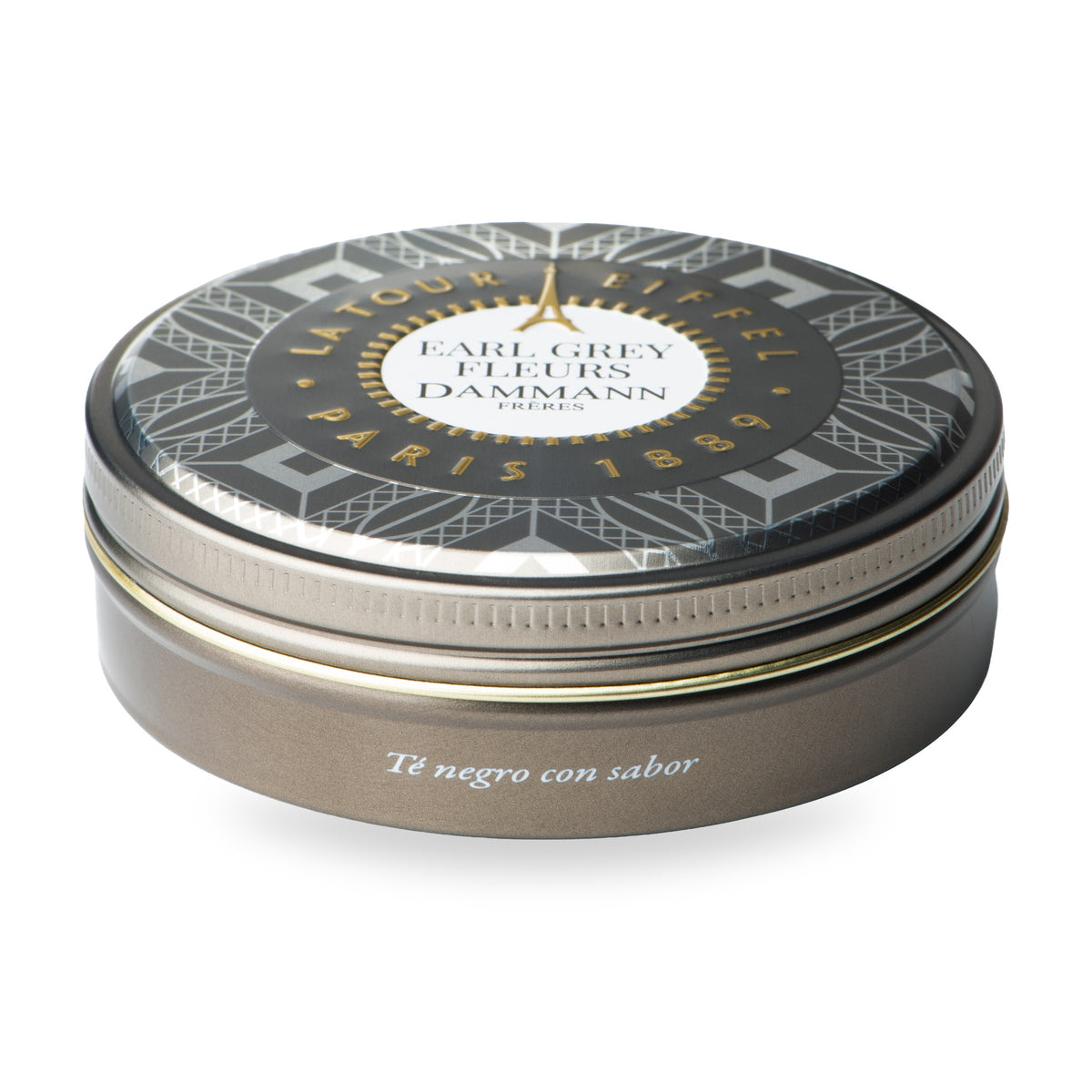 Earl Grey Fleurs Candy Box by Dammann Frères, silver tin, side view