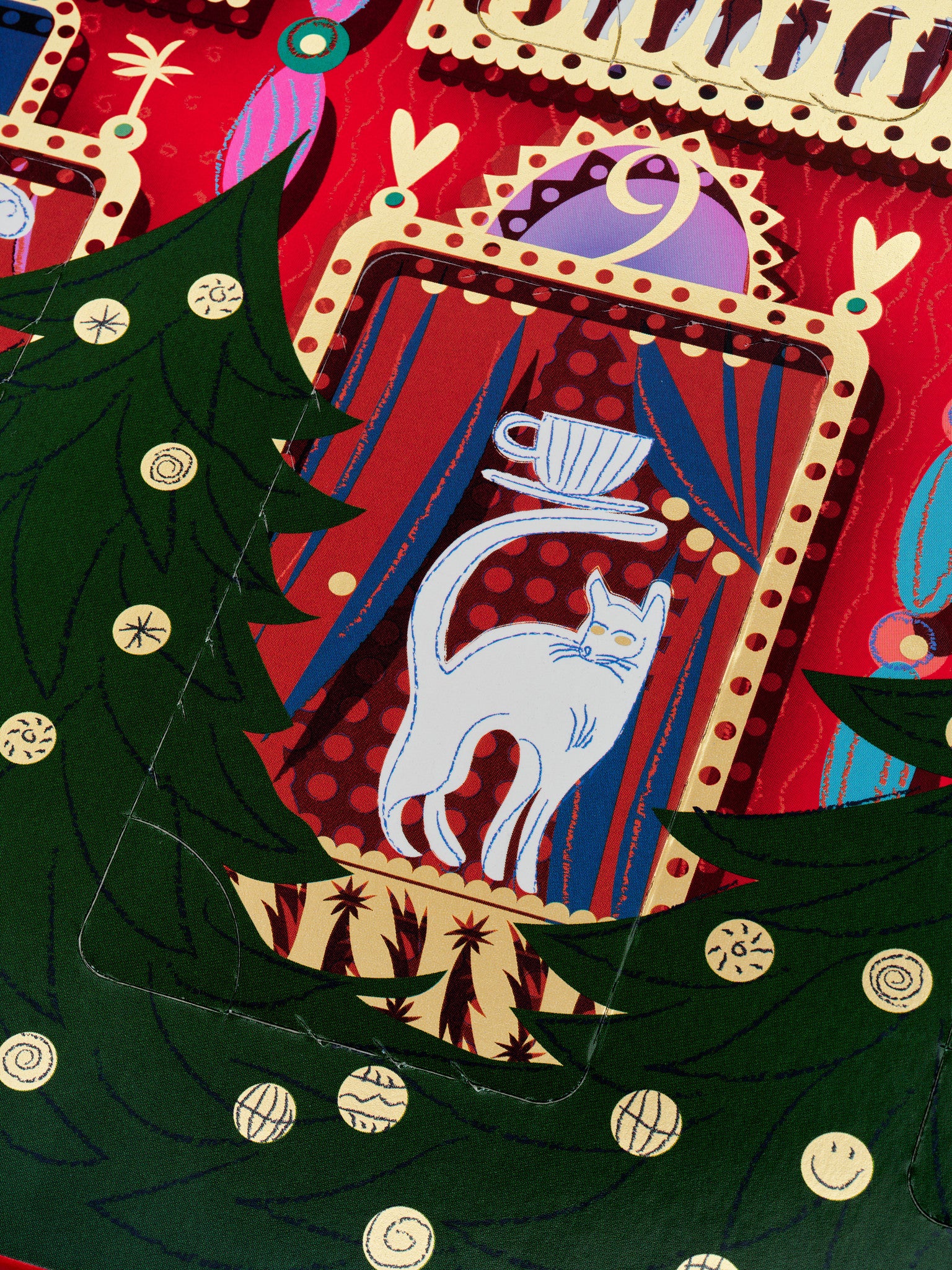 Advent Calendar by Dammann Frères, inside detail of an open window with a cat and a teacup