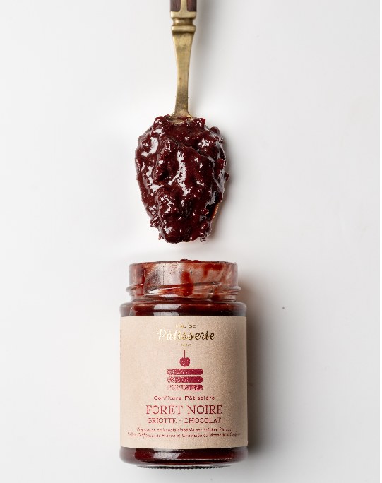 Maison Perrotte Black Forest jam beside a Black Forest cake