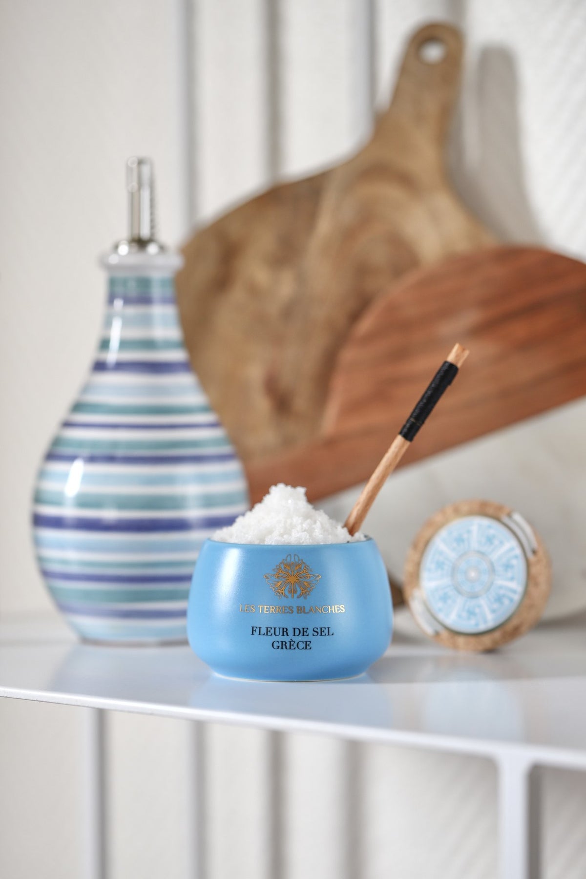 Les Terres Blanches fleur de sel from Greece in its blue jar